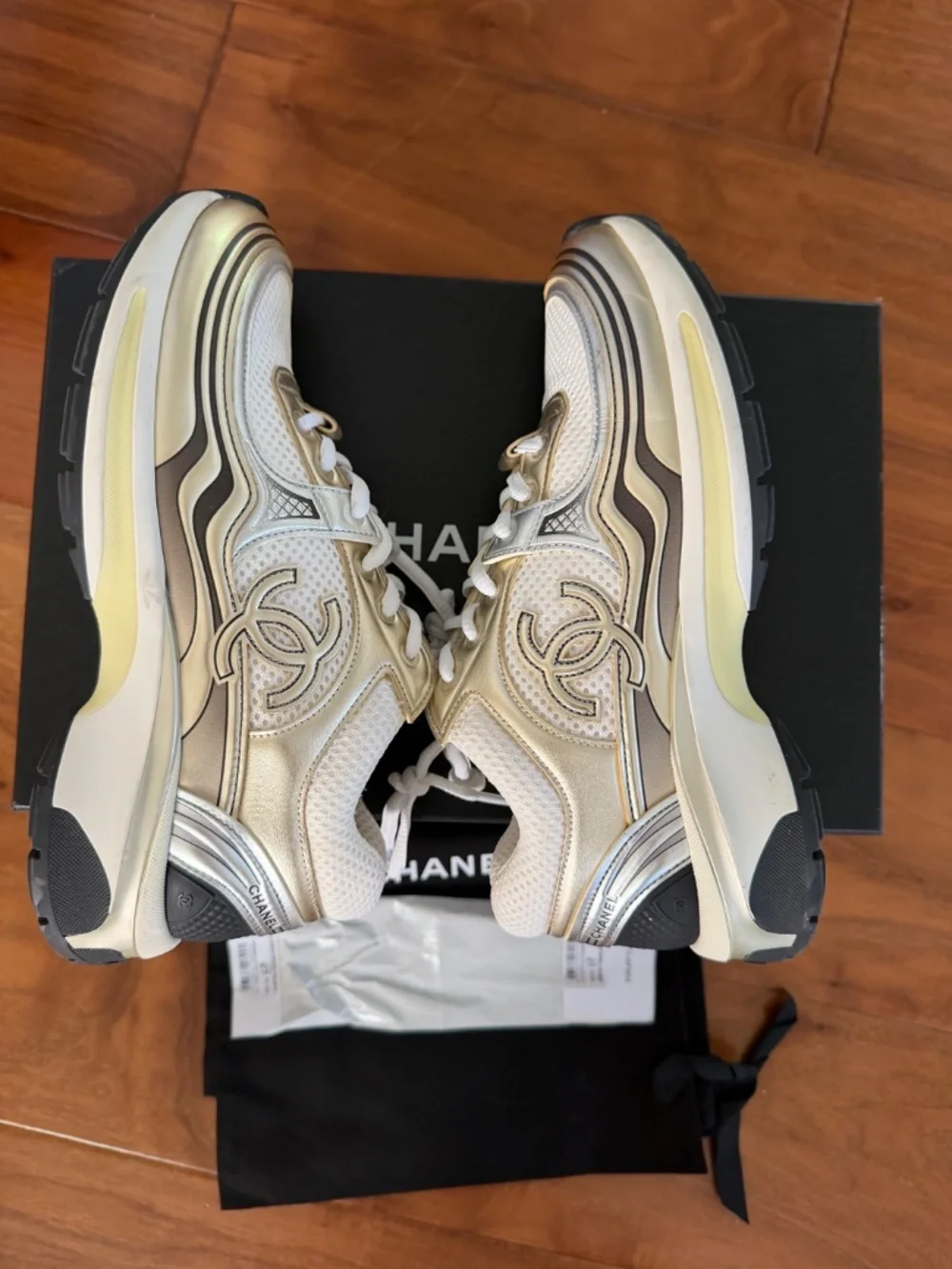 CHANEL Fabric Laminated Calfskin Stretch CC Sneakers size 37 in White,Gold,Silv